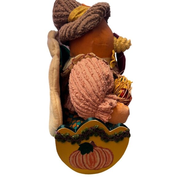 VTG Stuffed Thanksgiving Turkey Sitter in Overalls Holding Pumpkin Basket Crow - Picture 4 of 16